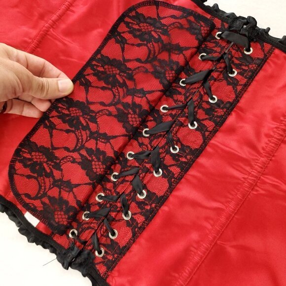 Red Black Corset Floral Lace Bows Boudoir Burlesque Lingerie Plus Size 5XL - Picture 9 of 12